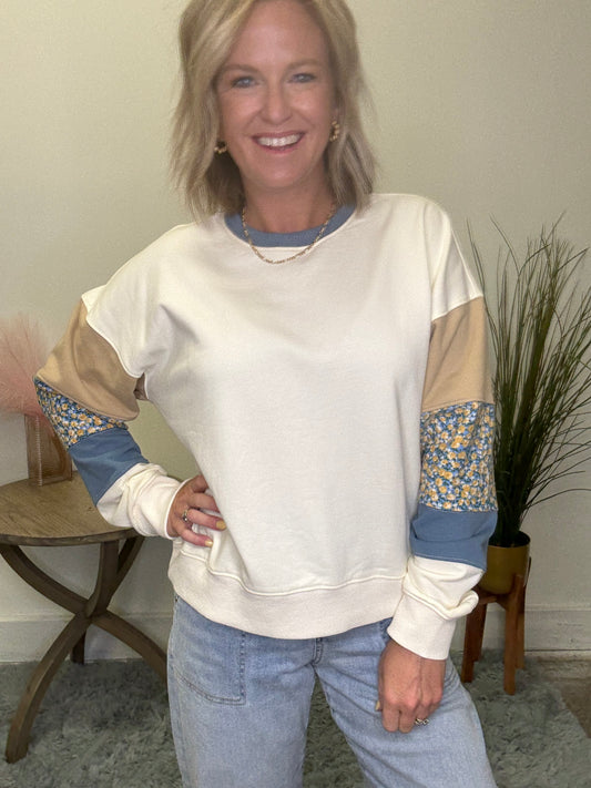 Perfect Fit Stripe and Floral Sleeve Pullover