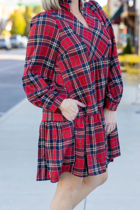 Country club Christmas red plaid entro dress pockets ruffle collar holiday