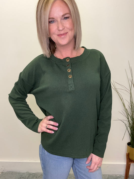 Forest Breeze Rib Knit Button Top - Ella Chic Boutique