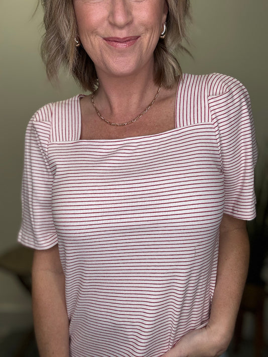 Red Striped Square Neck Short Sleeve Tee