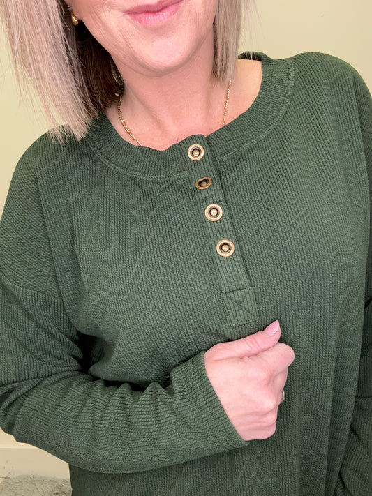Forest Breeze Rib Knit Button Top - Ella Chic Boutique