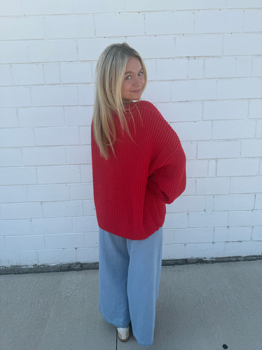 Hyfve double zero red knit oversized sweater cuffs long length chest pocket