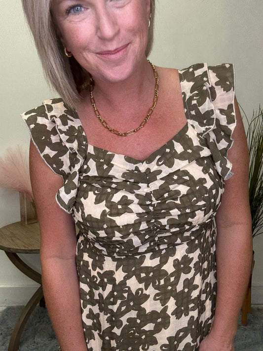 Mikarose Carrie dress in mossy florals olive cream yellow midi maxi