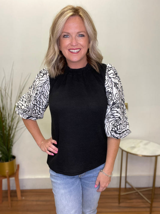 Black And White Twist Puff Sleeve Top - Ella Chic Boutique