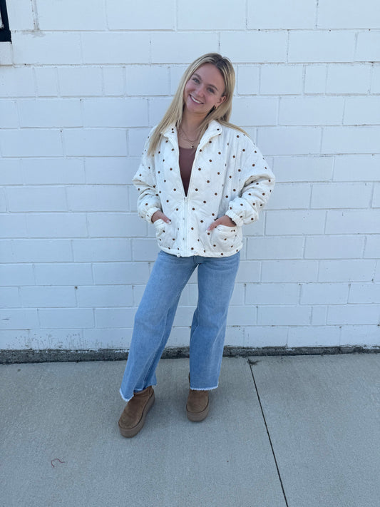 Hyfve double zero jacket coat white brown polka dot embroidered pockets zip front