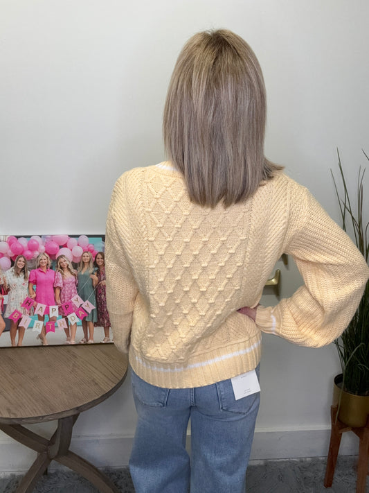 Preppy Yellow Cable Knit V-Neck Sweater