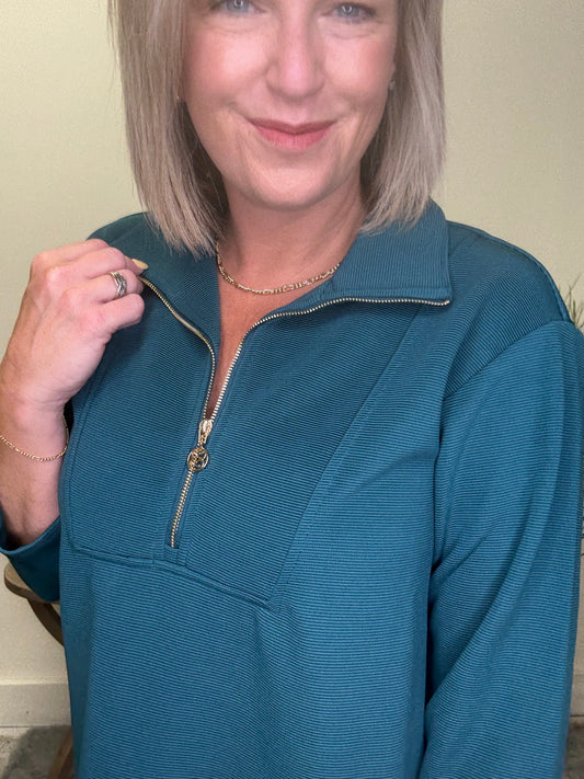 Mary Square Gulf Blue Raven 1/4 Zip Front Dress ribbed teal gold zipper 3/4 sleeves fall