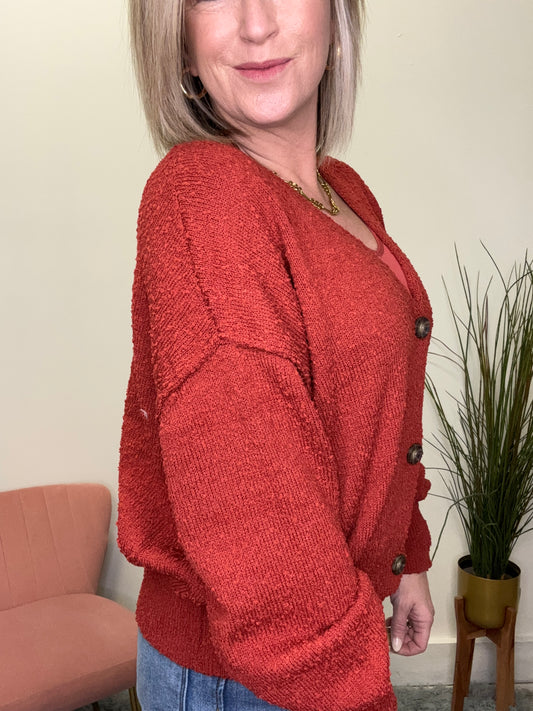 Brick red redwood button front cardigan sweater dolman sleeve hyfve double zero