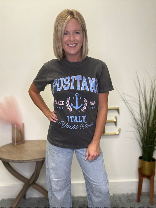 Positano Italy graphic tee shirt yacht club comfort colors t gray charcoal black.light blue pink