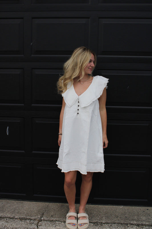 White Denim Ruffle Shift Dress