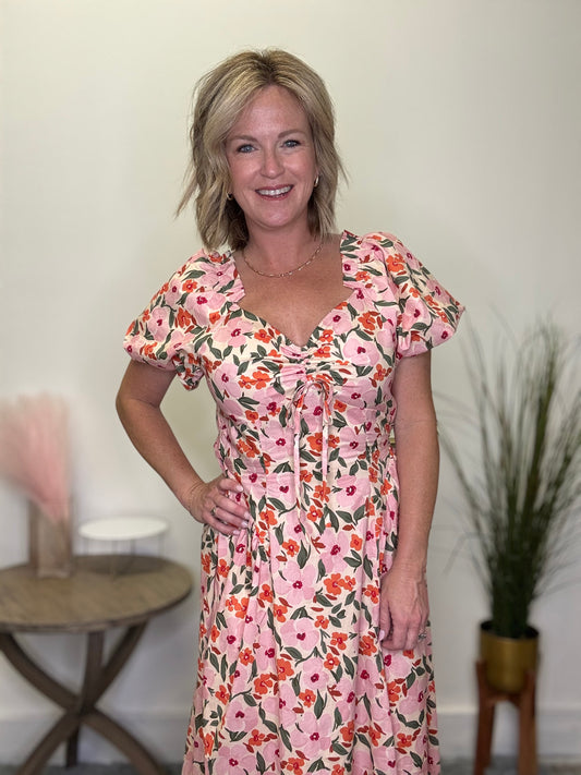Very j new in floral print blush red maxi dress sweetheart neckline short puff sleeves open back tie