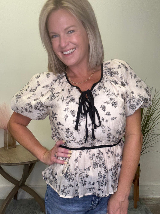 Double Bow Detail Textured Floral Top - Ella Chic Boutique