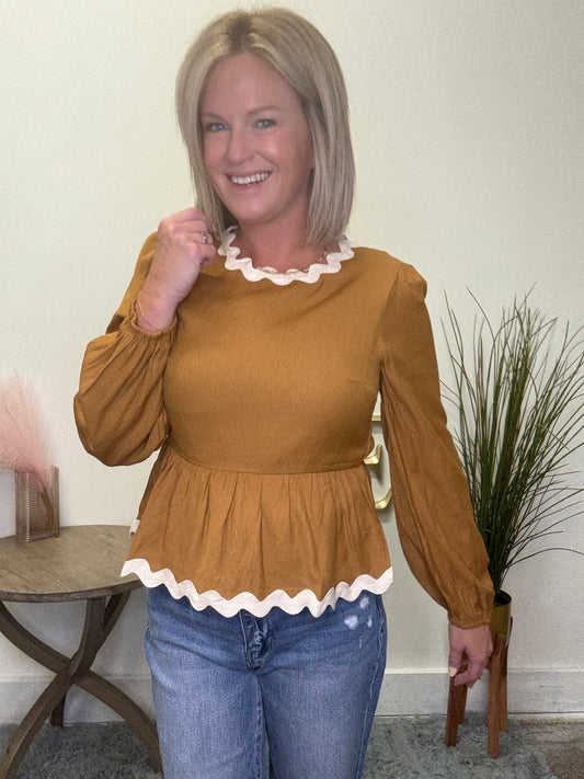 Wavy Twill Trimmed Baby Doll Top - Ella Chic Boutique
