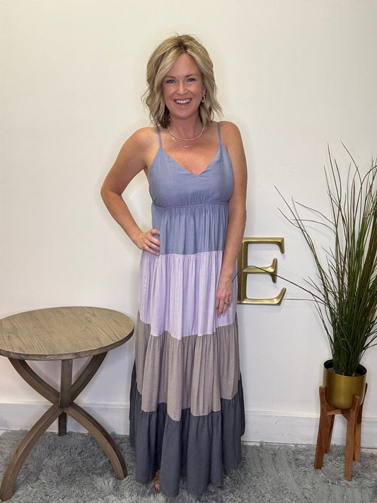 Cami Colorblock Maxi Dress Hem and Thread blue gray purple lavender