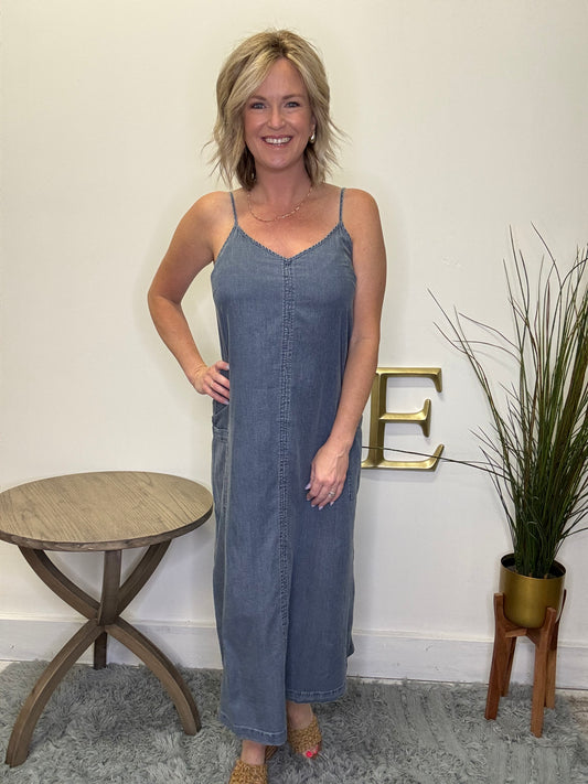 Chambray Side Pocket Overall Midi Dress Hem and thread tank adjustable straps