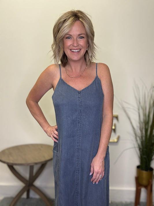 Chambray Side Pocket Overall Midi Dress