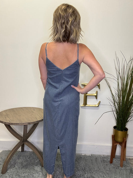 Chambray Side Pocket Overall Midi Dress Hem and thread tank adjustable straps boutique
