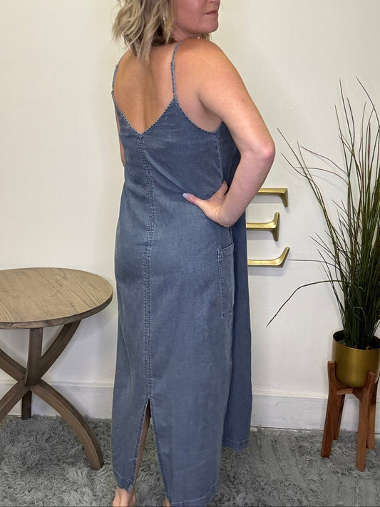 Chambray Side Pocket Overall Midi Dress Hem and thread tank adjustable straps