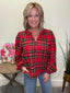 Christmas Plaid Balloon Sleeves Ruffled V-neck Top