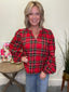 Christmas Plaid Balloon Sleeves Ruffled V-neck Top