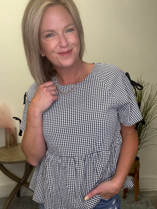 Contrast Ribbon Gingham Babydoll Top