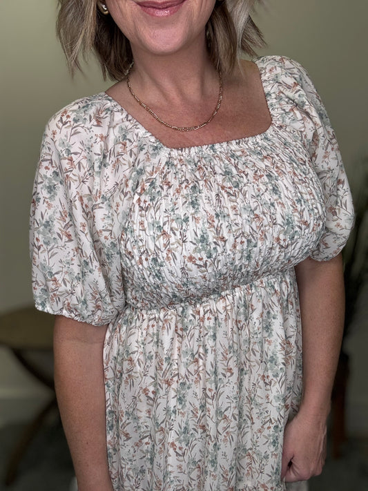 Indy Maxi Dress in Seaglass Blossom Mikarose smocked bust square neck pockets floral print