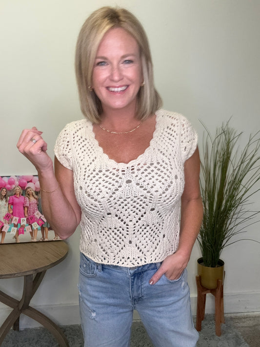 by together cream cotton knit crochet open sweater v-neck top ivory scallop boutique Roanoke, IN