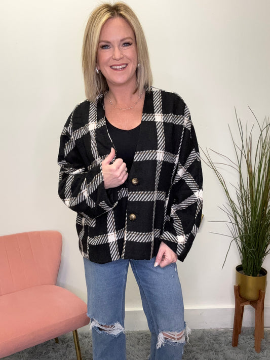Oversized plaid black white cardigan button front pockets hyfve double zero boutique
