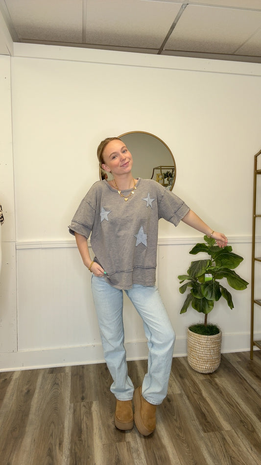 Steel Gray Short Sleeve Star Patch Tee Shirt - Ella Chic Boutique