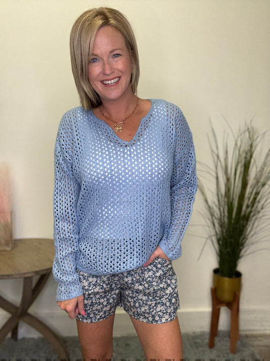Doe and Rae open knit light blue sweater v-neck long sleeve top boutique Roanoke
