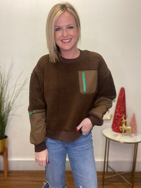 Plenty Of Details Pullover Sherpa Top - Brown