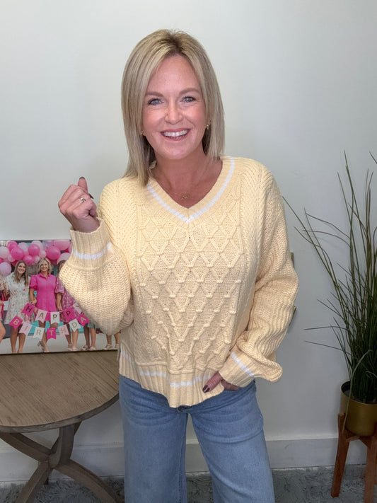 Preppy Yellow Cable Knit V-Neck Sweater