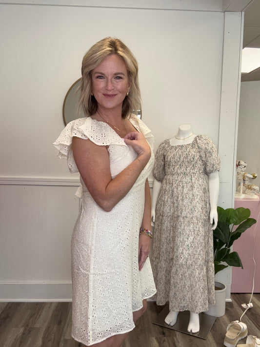 wrap front eyelet fabric ruffle sleeve ivory dress mystree
