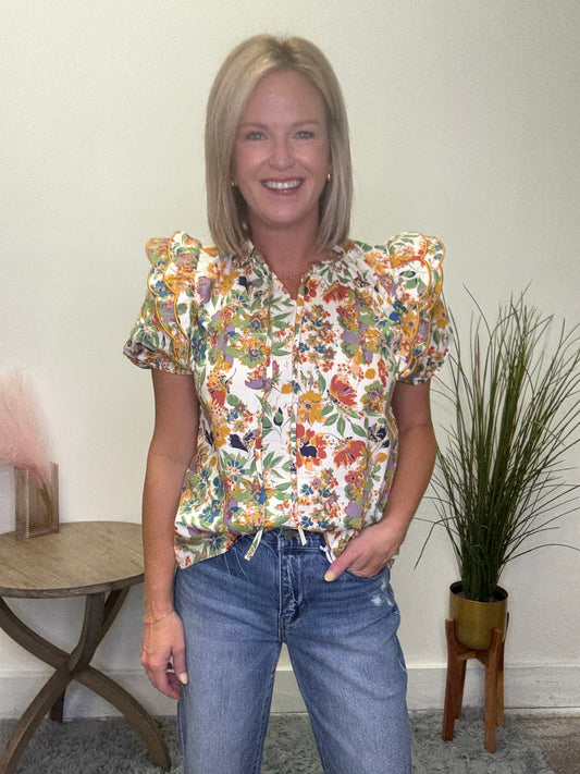 Floral Print Ruffled Tie Neck Top