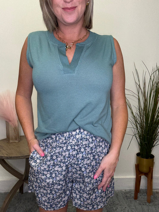 Navy Floral Elastic Waist Shorts
