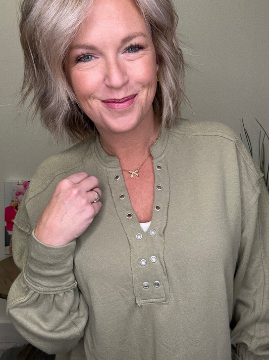 Grommet Detail Pullover Sweatshirt in Dusty Olive