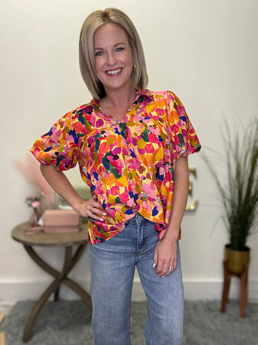 Summertime Floral Print Puff Sleeves Collared Top