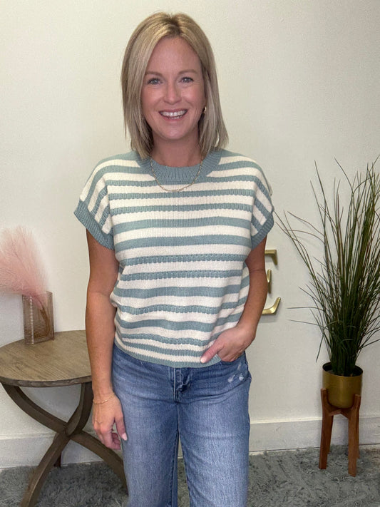 Polagram Baevely Seafoam striped short sleeve knit sweater top