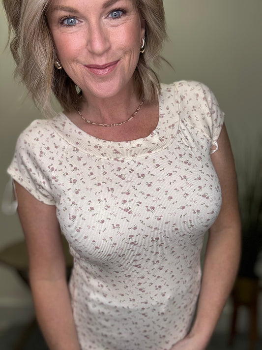 Ditsy Floral Print Rib Knit Top in Ivory - Ella Chic Boutique