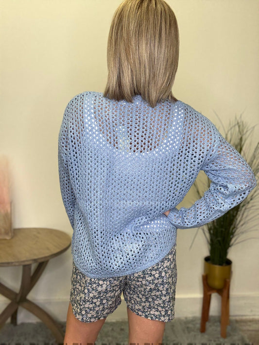 Doe and Rae open knit light blue sweater v-neck long sleeve top boutique Roanoke