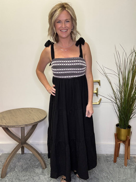 Crochet Bust Shoulder Tie Tiered Midi Dress - Ella Chic Boutique