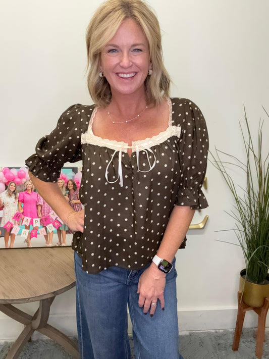 Elegant Lace and Ribbon Polka Dot Top