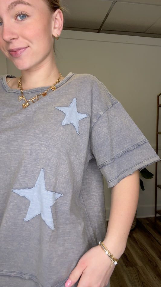 Steel Gray Short Sleeve Star Patch Tee Shirt - Ella Chic Boutique