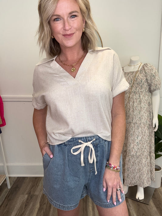 Denim Relax Fit Elastic waist Shorts with tie by together boutique