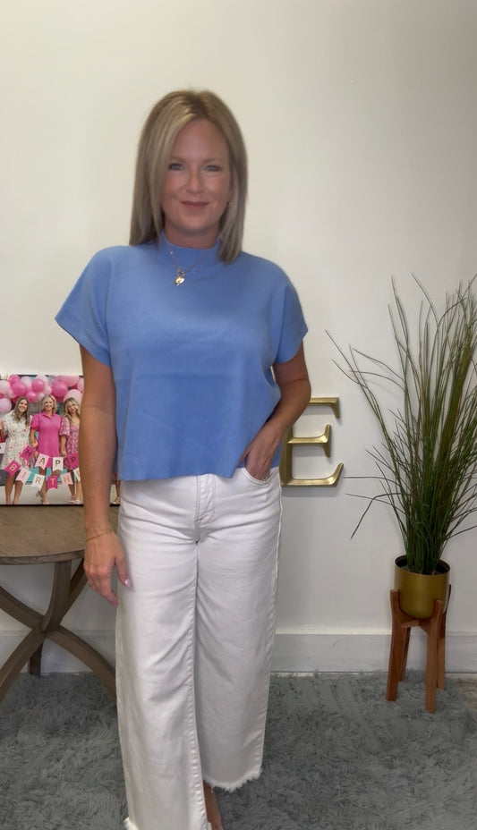 Mock Neck Short Sleeve Ribbed Boxy Sweater - Blue