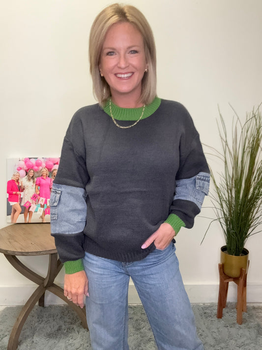Charcoal Gray Denim Patch Sleeve Sweater Top