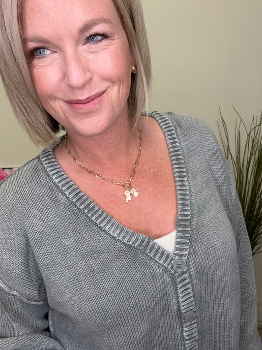 Olive Washed Sweater V-Neck Cardigan