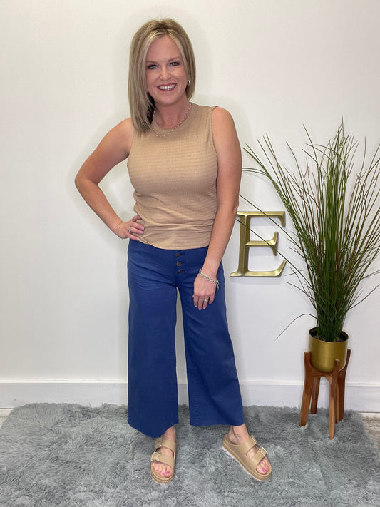 Pick and Choose Button Front Wide Leg Pants in Blue