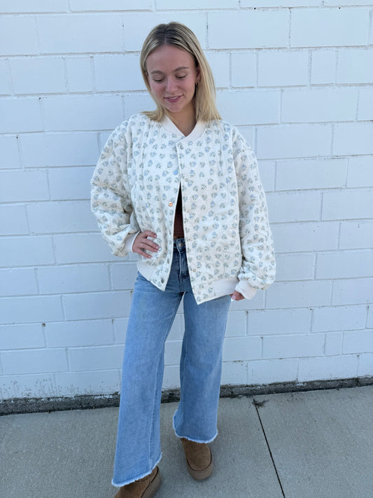 Oversized quilted ditsy floral main strip snap front long sleeve bomber jacket coat cream blue green 