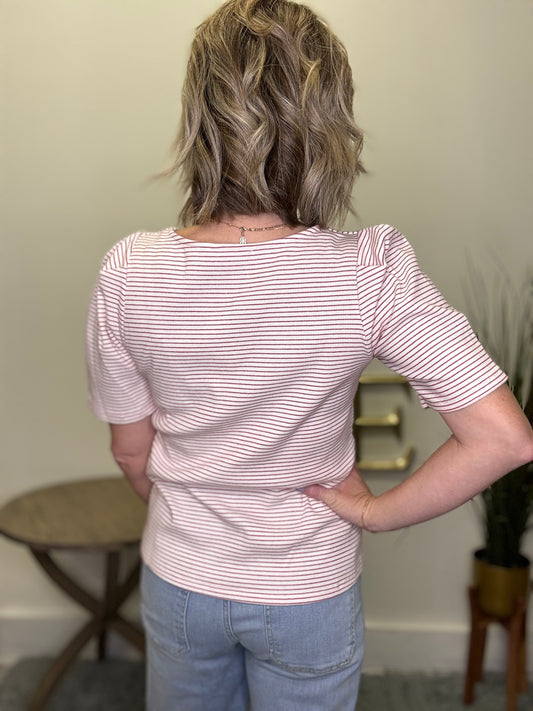 Red Striped Square Neck Short Sleeve Tee - Ella Chic Boutique